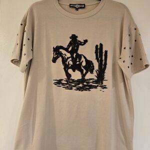 Womens Beige Cowboy Graphic Tee Rowdy Crowd Clothing
